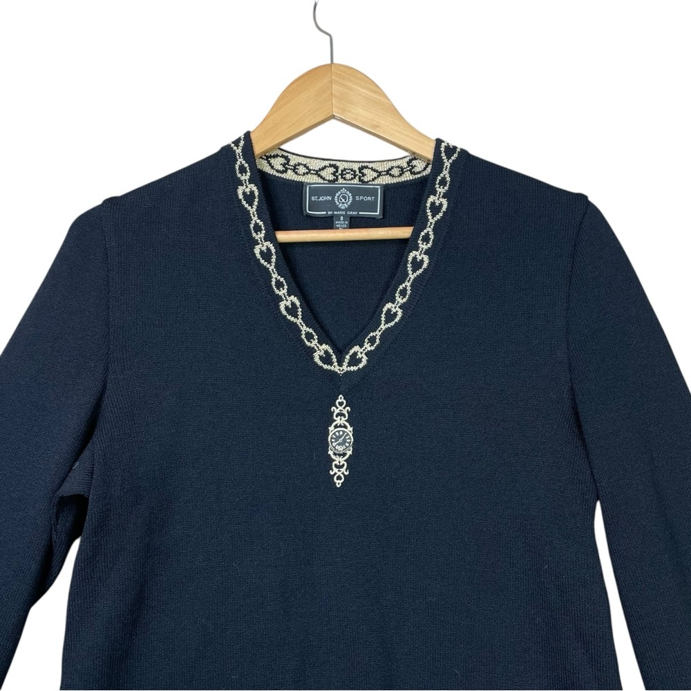 St John Sport By Marie Gray Women Sweater black V neck gold embroidered clock S - Picture 2 of 10